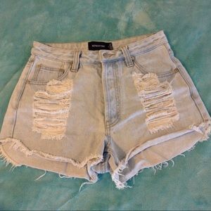MINKPINK HIGH WAISTED DISTRESSED DENIM SHORTS